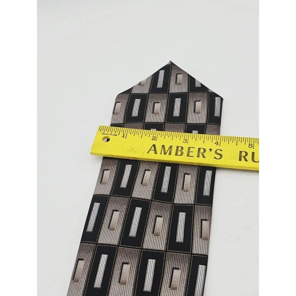 Hermoso New York Silk Necktie Art Deco Silver Black Rectangles Geometric Foulard